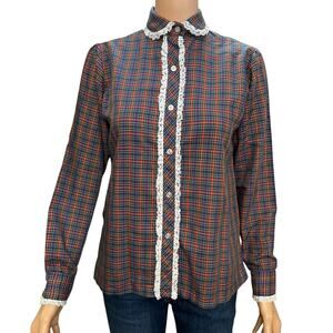 70s VTG Womens Plaid Button Down Blouse XS Ruffle Prairie High Neck Victorian